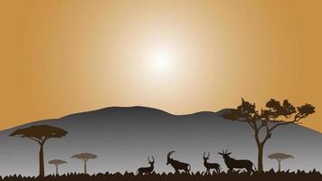 Full frame silhouette family of deer in the grassland on the multicolor background. vector