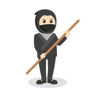 Ninja With Wooden Stick design character on white background vector