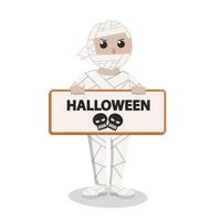 hombre con disfraz de momia con cartel de diseño de halloween personaje sobre fondo blanco vector