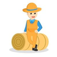 farmer leaning on straw roll design character on white background vector