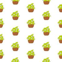 Cute Halloween Green Zombi Cupcakes with eyes pattern on a white background. Vector cartoon illustration.