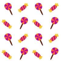 Seamless pattern background of halloween trick or treat candies. Bright candies, lollipop and sweets in the traditional colors of Halloween. Vector cartoon illustration for print.