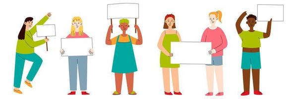 People with placards. Activists, political person holding protest banner. Feminism girl, vote or demonstration group utter vector characters. Vector flat illustration, template.