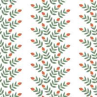 Vector seamless pattern with red rosehip berries and green leaves on a white background for print.