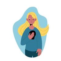 The concept of borderline disorder. A girl with a hole in her chest as a metaphor for the feeling of emptiness inside. Vector illustration in flat style.