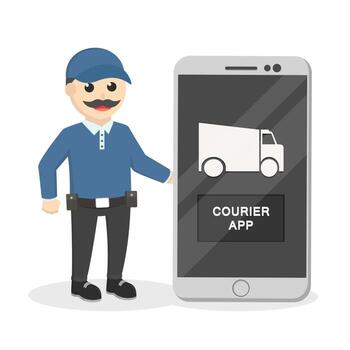 repartidor con carácter de diseño de aplicación de entrega de teléfono inteligente sobre fondo blanco vector