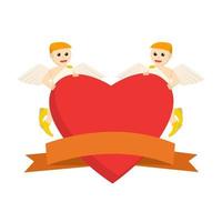 two cupid holding big heart and banner design character on white background vector