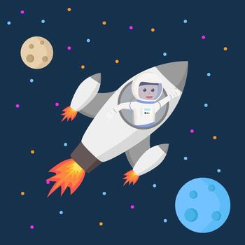 Spaceman flying with rocket design character on white background vector