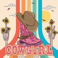 Cowgirl boots and hat at sunset. Cactus with Sunflower Sunset .T-shirt or poster design of wild side. illustration of Cowgirl boot with western hat vector design. vector Illustration of Cactus.