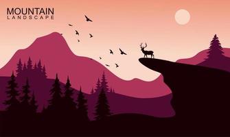 mountain landscape with deer and sun, vector illustration, silhouette composition with fine detail creative color gradation