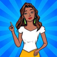 African American fashion girl pointing finger to direction pop art style background vector