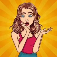 Surprised Beautiful fashion girl hand on cheek and mouth open pop art style background vector