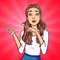Surprised Beautiful fashion girl pointing both finger to direction pop art style background vector