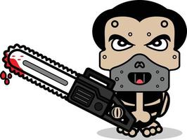 cute hannibal lecter bone mascot character cartoon vector illustration holding bloody saw machine