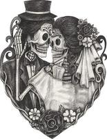 Pareja de arte enamorada de calaveras de boda. dibujo a mano y hacer vector gráfico.