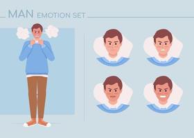 Furious young man semi flat color character emotions set. Editable facial expressions. Mad in anger vector style illustration for motion graphic design and animation