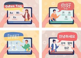 Learning languages online flat color vector illustrations set