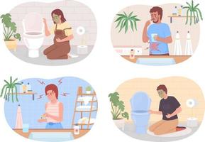 People suffering from pain and nausea 2D vector isolated illustrations set. Sick flat characters on cartoon background. Colourful editable scenes for mobile, website, presentation collection