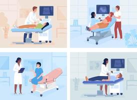 Medical examination and consultation flat color vector illustrations set. Scanning technology. Treatment. Fully editable 2D simple cartoon characters with hospital office on background pack
