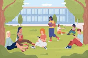 Students resting on garden lawn near college flat color vector illustration. University park. Place to rest. Fully editable 2D simple cartoon characters with landscape on background