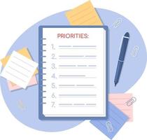 Priorities list 2D vector isolated illustration. Business goals planning flat objects on cartoon background. Colourful editable scene for mobile, website, presentation