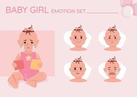 Conjunto de emociones de carácter de color semiplano de niña infeliz. expresiones faciales editables. ilustración de estilo de vector de niño triste para diseño gráfico de movimiento y animación