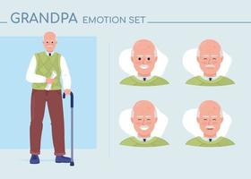 Cheerful grandpa semi flat color character emotions set. Editable facial expressions. Positivity vector style illustration for motion graphic design and animation