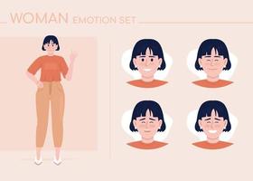 Happy young woman semi flat color character emotions set. Editable facial expressions. Positive vector style illustration for motion graphic design and animation