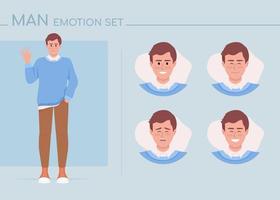 conjunto de emociones de carácter de color semi plano de hombre joven positivo. expresiones faciales editables. ilustración de estilo de vector de felicidad para animación y diseño gráfico de movimiento