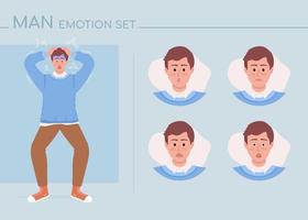 Shocked young man semi flat color character emotions set. Editable facial expressions. Confusion vector style illustration for motion graphic design and animation