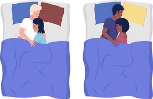 parejas felices durmiendo en camas conjunto de caracteres vectoriales de color semiplano. figuras editables. personas de cuerpo completo en blanco. ilustraciones simples de estilo de dibujos animados para diseño gráfico web y colección de animación vector