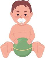 Tired baby boy with pacifier and ball semi flat color vector character. Editable figure. Full body person on white. Childhood simple cartoon style illustration for web graphic design and animation