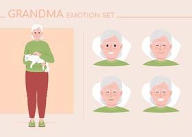 Positive grandma semi flat color character emotions set. Editable facial expressions. Happiness vector style illustration for motion graphic design and animation
