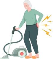 Senior woman with back pain while hoovering semi flat color vector character