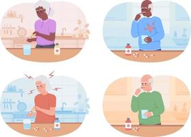 Medication for elderly patients 2D vector isolated illustrations set. Pharmaceutical supplement flat characters on cartoon background. Colourful editable scenes for mobile, website, presentation pack