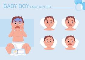 Confused baby boy semi flat color character emotions set. Editable facial expressions. Scared child vector style illustration for motion graphic design and animation