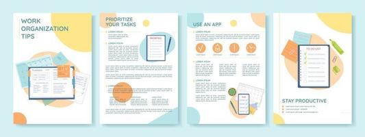 Work organization tips flat vector brochure template. Office booklet, leaflet printable flat color designs. Editable magazine page, reports kit with text space