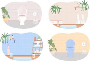 Bathrooms and water closets flat color vector illustrations set. Hygiene and sanitary. Home decor. Fully editable 2D simple cartoon interiors with ornate elements on background pack