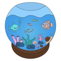 Aquarium with fish. Glass housing for aquatic plants and animals. Color vector illustration. Pets in the water behind glass. Isolated background. Cartoon style. Idea for web design.