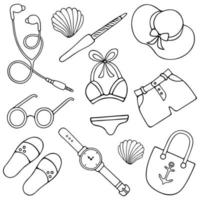 Beachwear and accessories. Vector set of illustrations. Outline on white isolated background. Doodle style. Sketch. Women collection. Coloring book. Idea for web design, books. Marine theme.