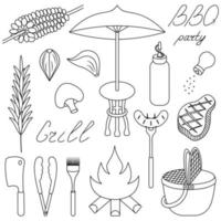 Set of outdoor recreation. Sketch. Collection of barbecue vector illustrations. Bonfire, basket, corn, steak. Coloring book for children. Isolated background. Doodle style. Idea for web design.