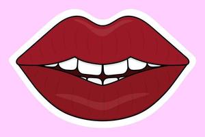 Smile on the lips. Sticker on a white backing. Seductive mouth. Colored vector illustration. Cartoon style. Isolated delicate background. Luscious lipstick shade. An even row of white teeth. Valentine