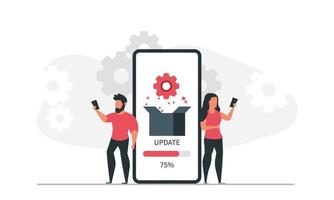 App installation and update by man and woman via phone. People and mobile application concept vector illustration