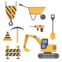 Flat design set of construction equipment isolated on white background. Excavator, shovel, crane and construction road signs. Equipment collection vector