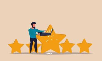 Man cut 5 star rating and business bond. Collapse debt and feedback review people vector illustration. Customer opinion quality investment and progress rate. Loan review and poor mortgage people