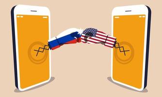 Tech war Usa vs Russia and investment business fight. Nation sanctions and public politic vector illustration concept. Government conflict and technology industry. Digital data security online