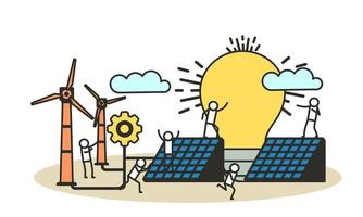 Ecology city environment energy Earth day design. Woman and man building solar panel landscape vector illustration. Concept eco nature save. Recycle wind turbine technology planet windmill clean