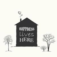 An icon made of black characters, text. The silhouette of a house and trees on a white background. Vector illustration of isolated objects. The concept of family comfort and warmth
