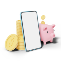 Gold coin falling into pink piggy bank. Phone with stacks coins. Mobile banking and Online payment service. Save dollar in Pig money box. Saving money wealth and business financial concept. 3d render. png