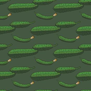 Seamless background with green cucumbers on cozy dark background. Endless pattern for your design. Vector. vector